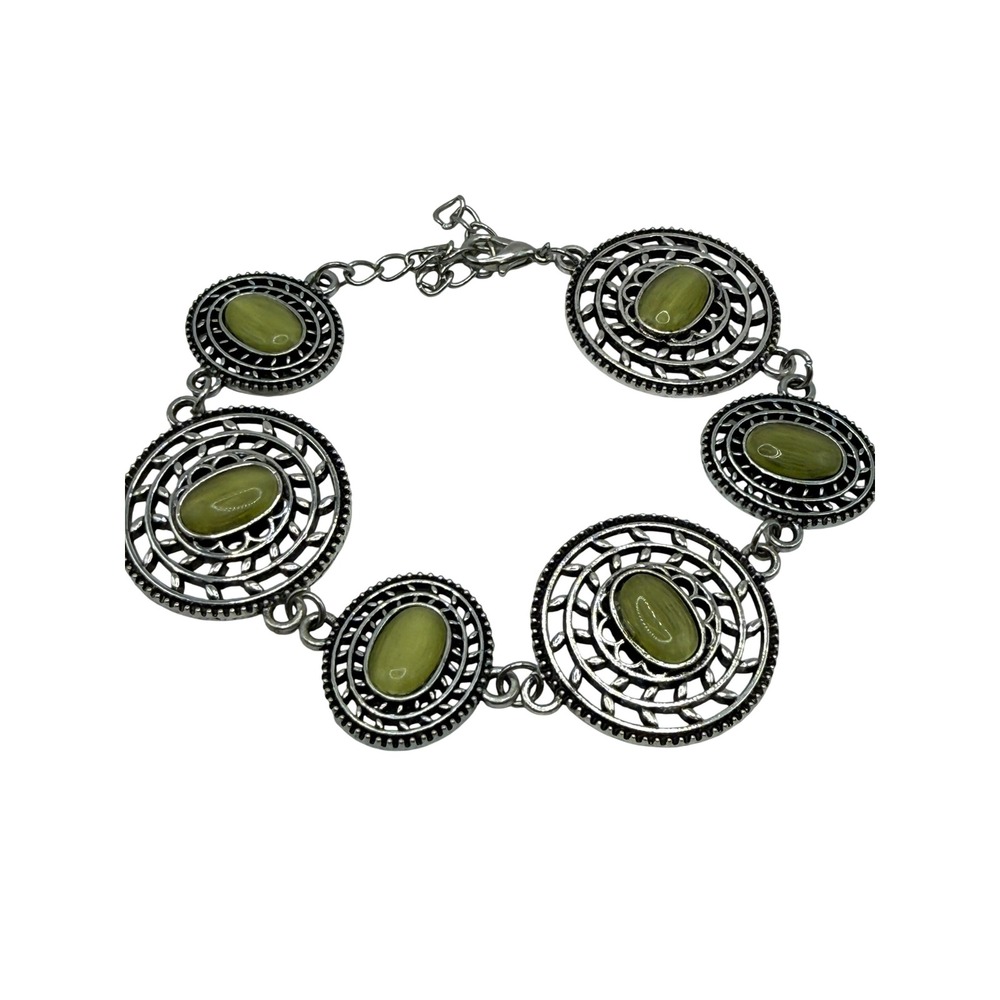 Boho Western Southwestern Green Stone Silver Tone Link Bracelet Statement